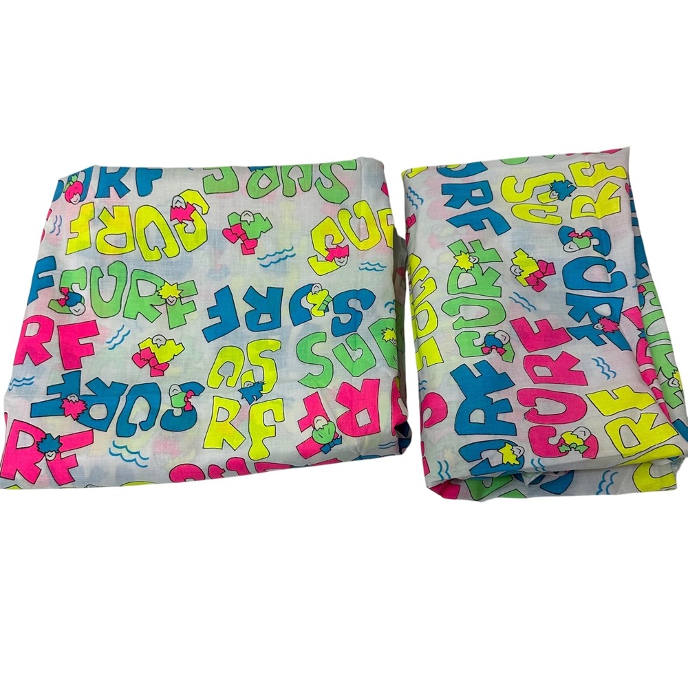 Vintage 80s Neon Surf Print Cotton Fabric 3.5 Yards Total 2 Pieces 43" Wide